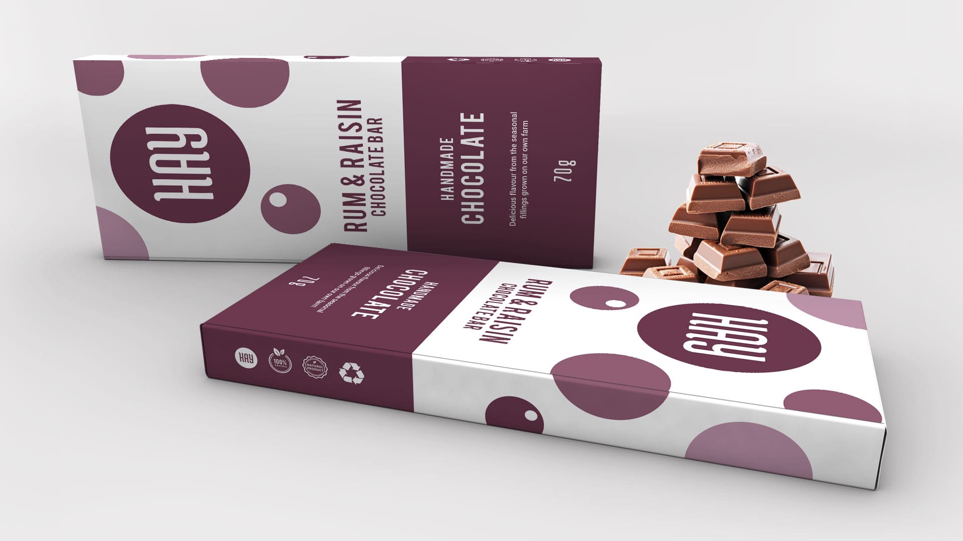 hay chocolate product mockup for rum and raisin
